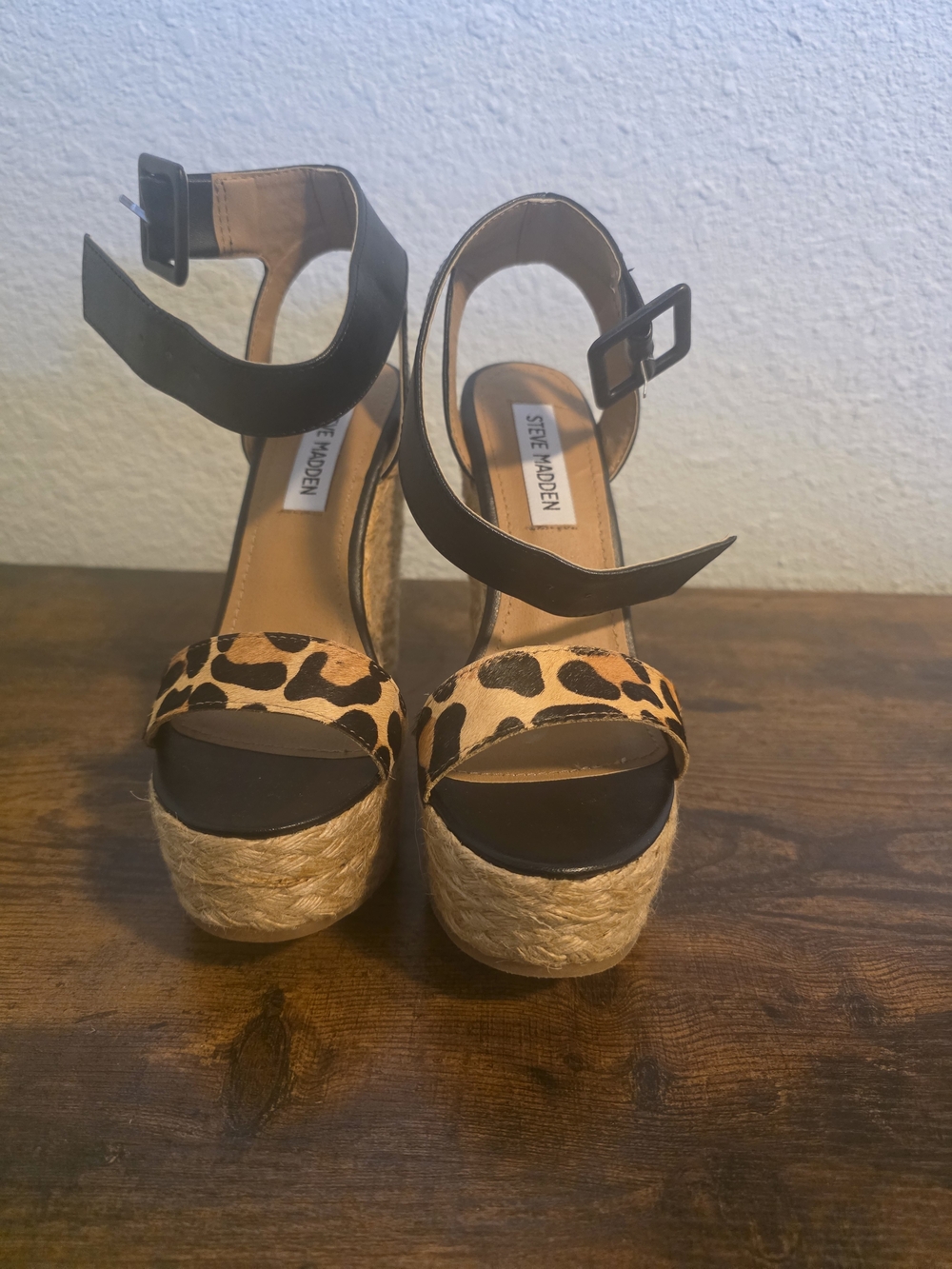 Steve Madden Black & Leopard Espadrille Wedge Sandals